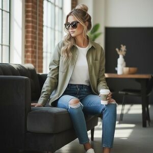 American Eagle Olive Faux Leather Oversized Button Up Shirt Jacket Medium